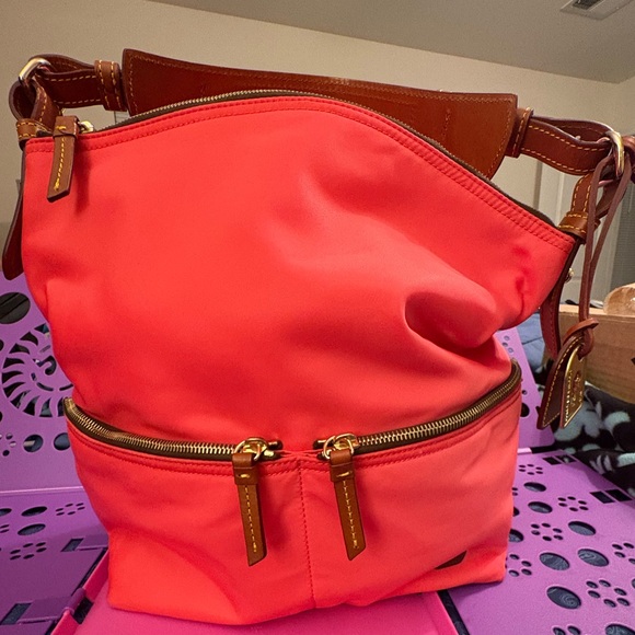 Dooney Bourke Nylon Double Zip Tote Coral w/ Brown Leather. Excellent condition - Picture 2 of 16